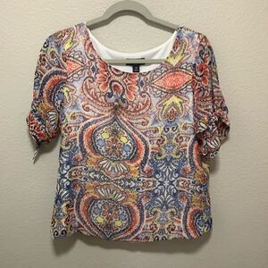 I.N. Studio Women’s Petite Blouse Size MP Blue/Orange Paisley